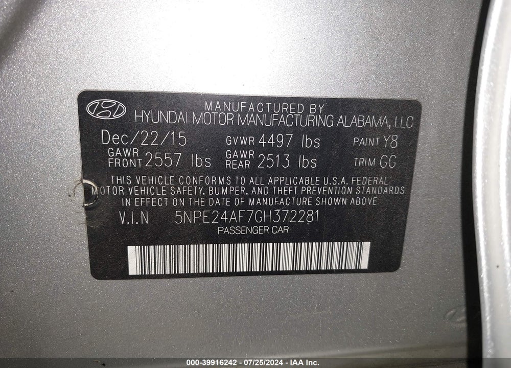 2016 HYUNDAI SONATA SE VIN: 5NPE24AF7GH372281