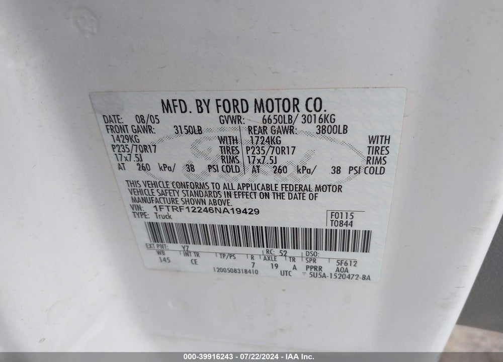 2006 FORD F-150 STX/XL/XLT VIN: 1FTRF12246NA19429