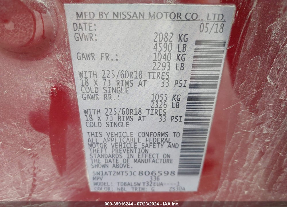 2018 NISSAN ROGUE SL VIN: 5N1AT2MT5JC806598