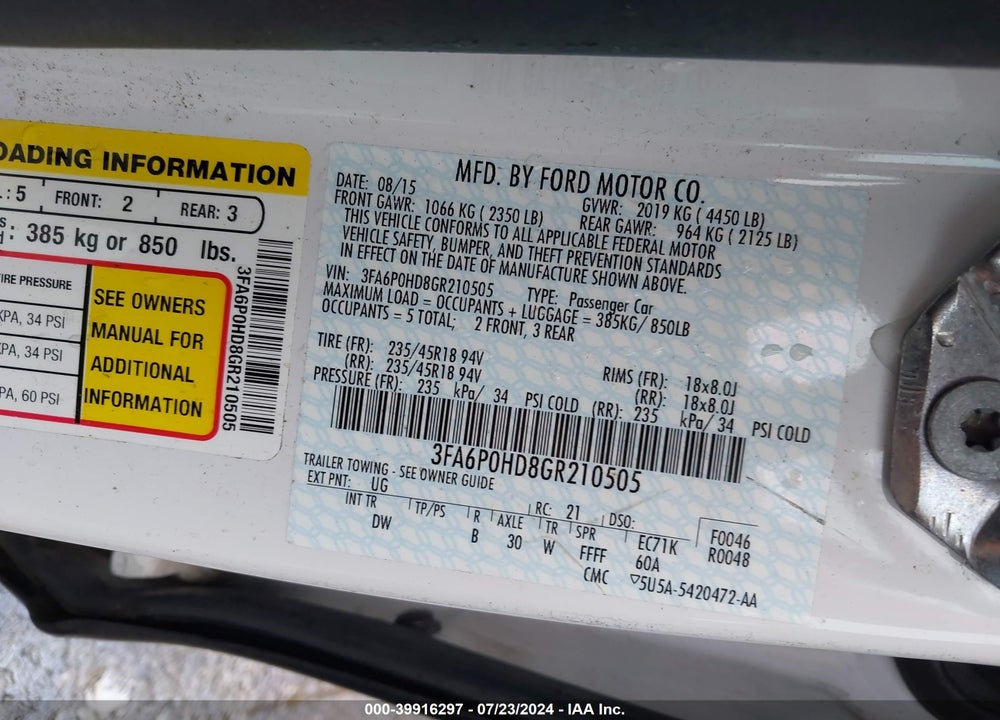 2016 FORD FUSION SE VIN: 3FA6P0HD8GR210505