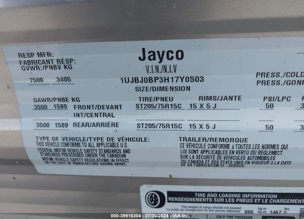 2017 JAYCO JAY FLIGHT VIN: 1UJBJ0BP3H17Y0503