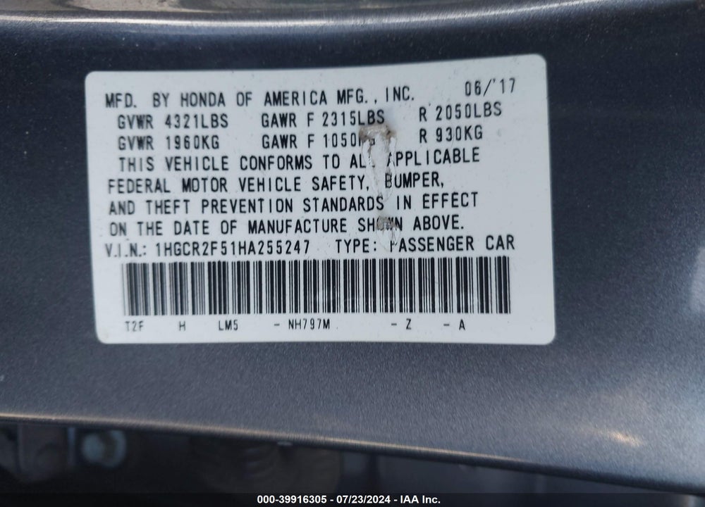 2017 HONDA ACCORD SPORT VIN: 1HGCR2F51HA255247