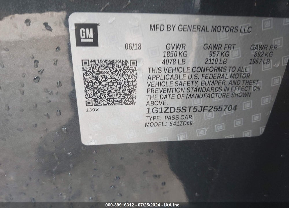 2018 CHEVROLET MALIBU LT VIN: 1G1ZD5ST5JF255704