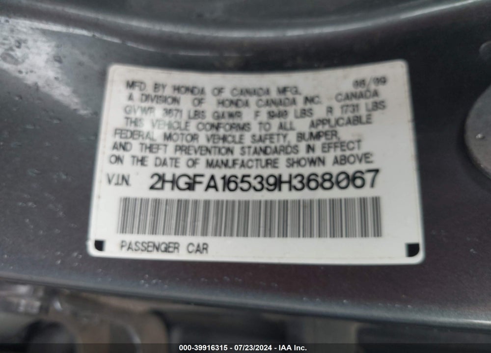 2009 HONDA CIVIC LX VIN: 2HGFA16539H368067