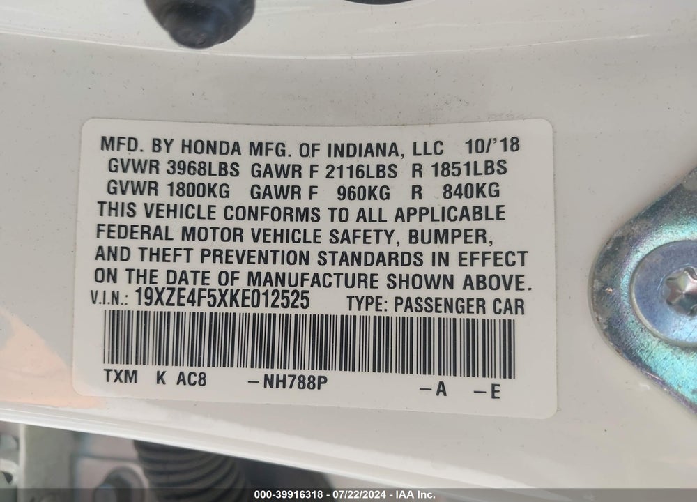 2019 HONDA INSIGHT EX VIN: 19XZE4F5XKE012525