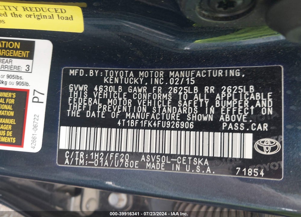 2015 TOYOTA CAMRY SE VIN: 4T1BF1FK4FU926906