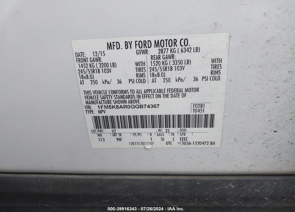 2016 FORD UTILITY POLICE INTERCEPTOR VIN: 1FM5K8AR0GGB74367