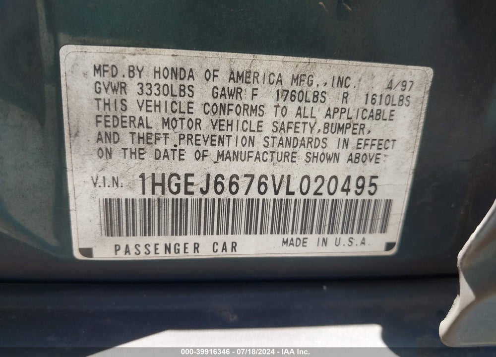1997 HONDA CIVIC LX VIN: 1HGEJ6676VL020495