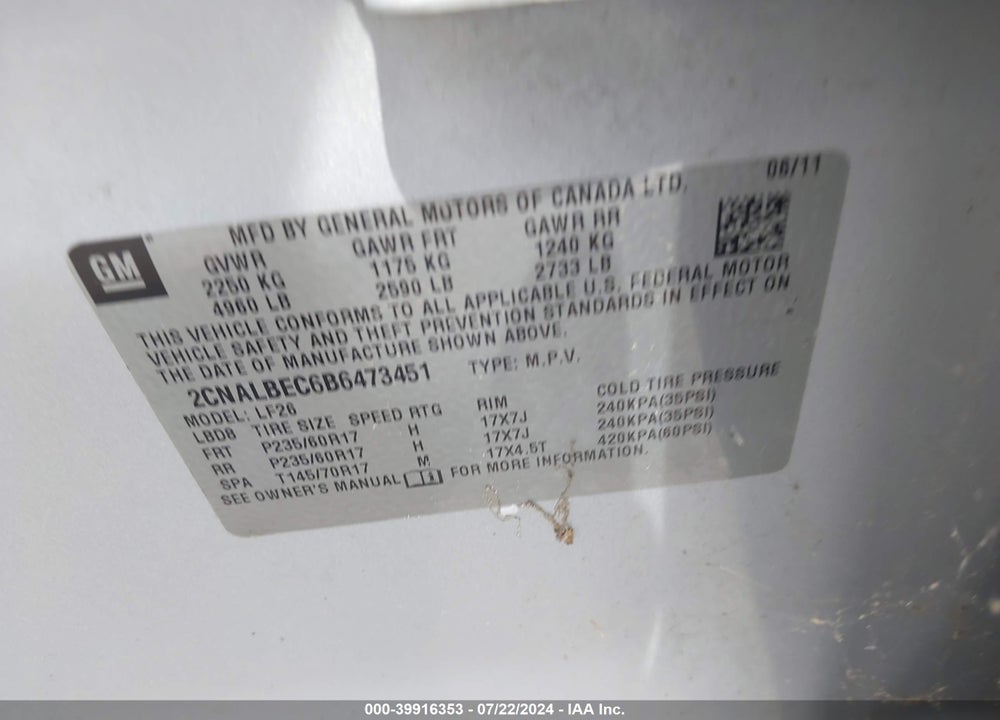 2011 CHEVROLET EQUINOX LS VIN: 2CNALBEC6B6473451