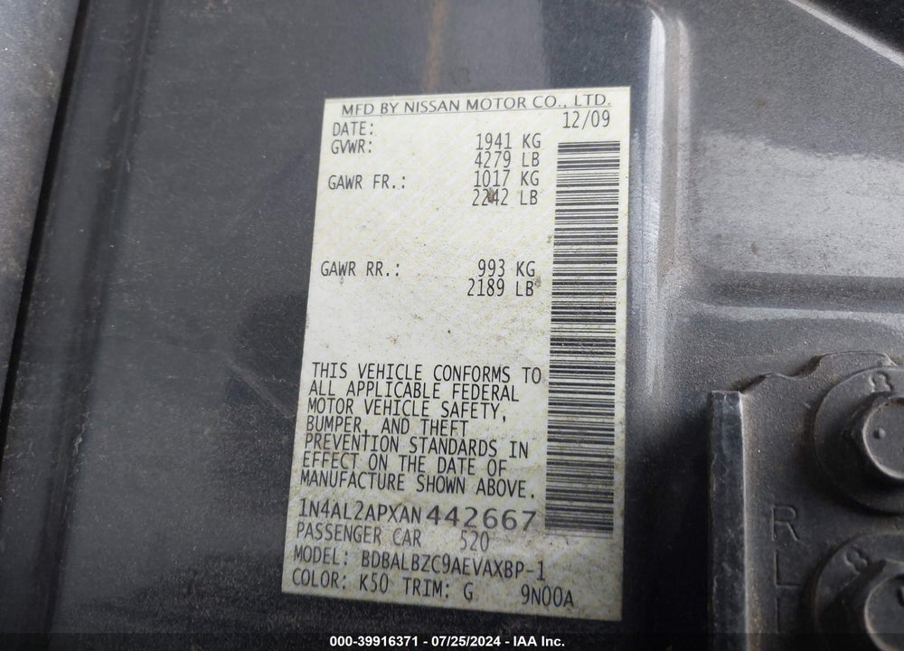2010 NISSAN ALTIMA 2.5 S VIN: 1N4AL2APXAN442667