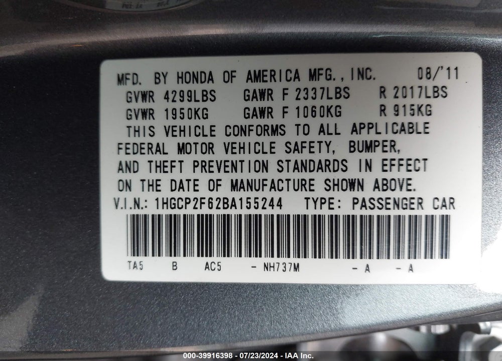2011 HONDA ACCORD 2.4 SE VIN: 1HGCP2F62BA155244