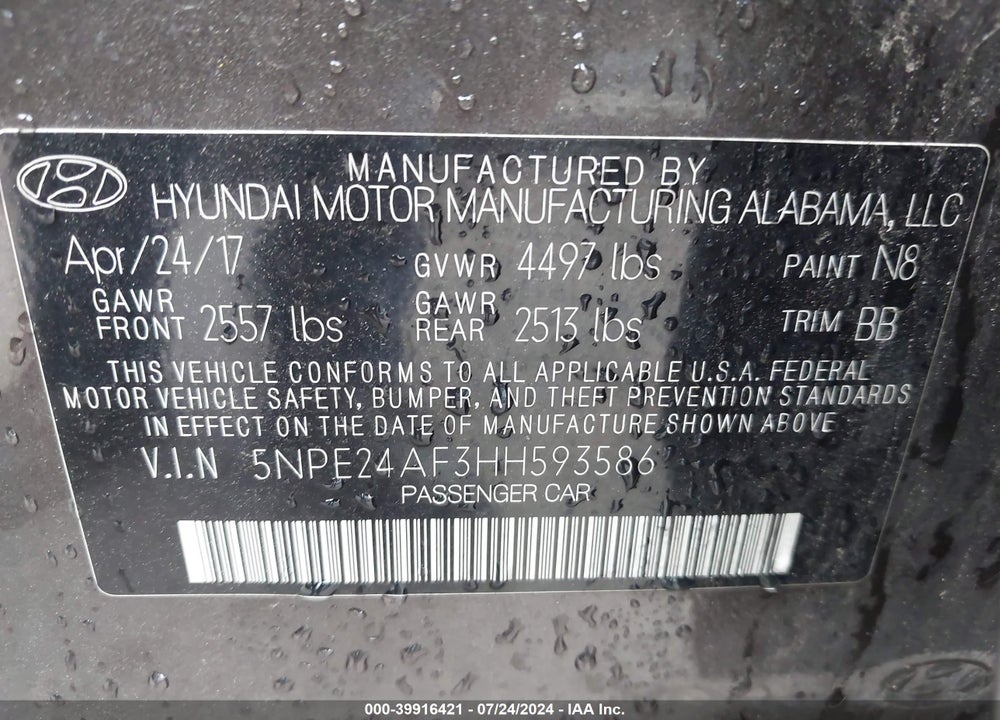 2017 HYUNDAI SONATA VIN: 5NPE24AF3HH593586