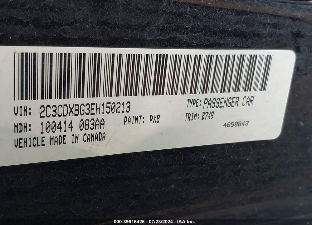 2014 DODGE CHARGER SE VIN: 2C3CDXBG3EH150213