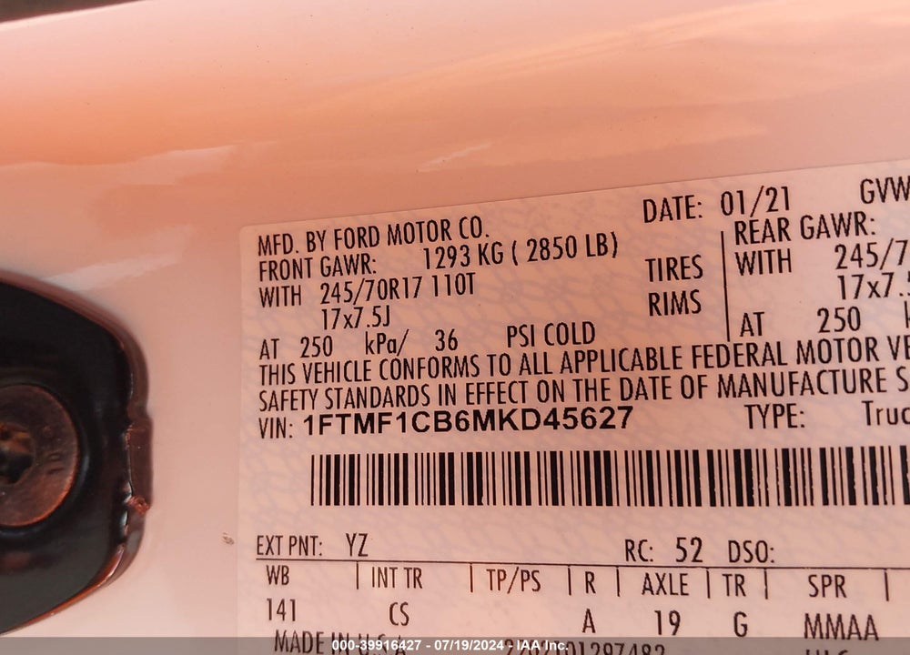 2021 FORD F-150 XL VIN: 1FTMF1CB6MKD45627