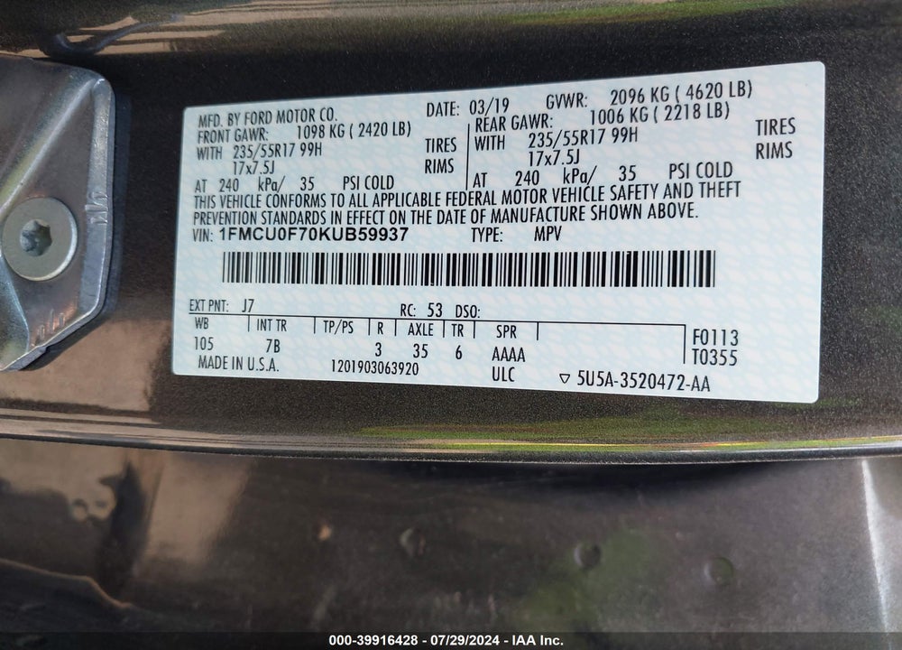 2019 FORD ESCAPE S VIN: 1FMCU0F70KUB59937
