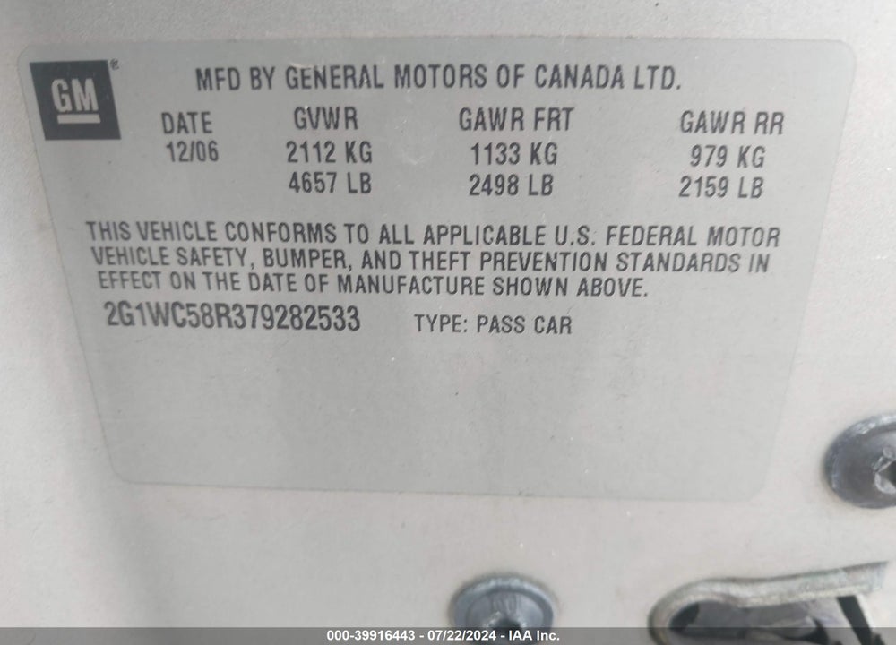 2007 CHEVROLET IMPALA LT VIN: 2G1WC58R379282533