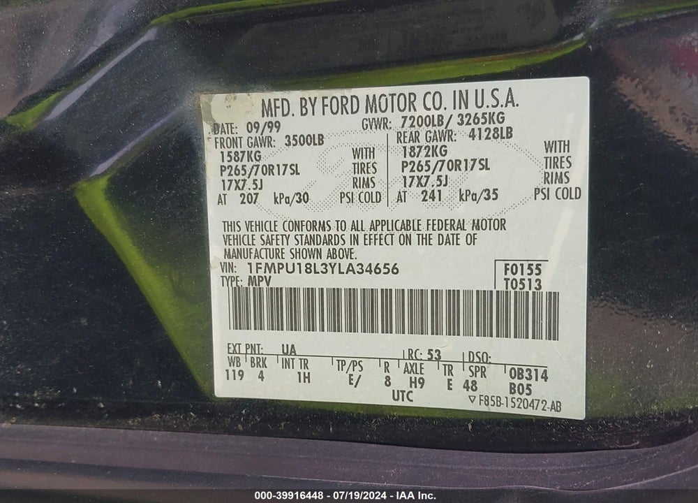 2000 FORD EXPEDITION EDDIE BAUER VIN: 1FMPU18L3YLA34656