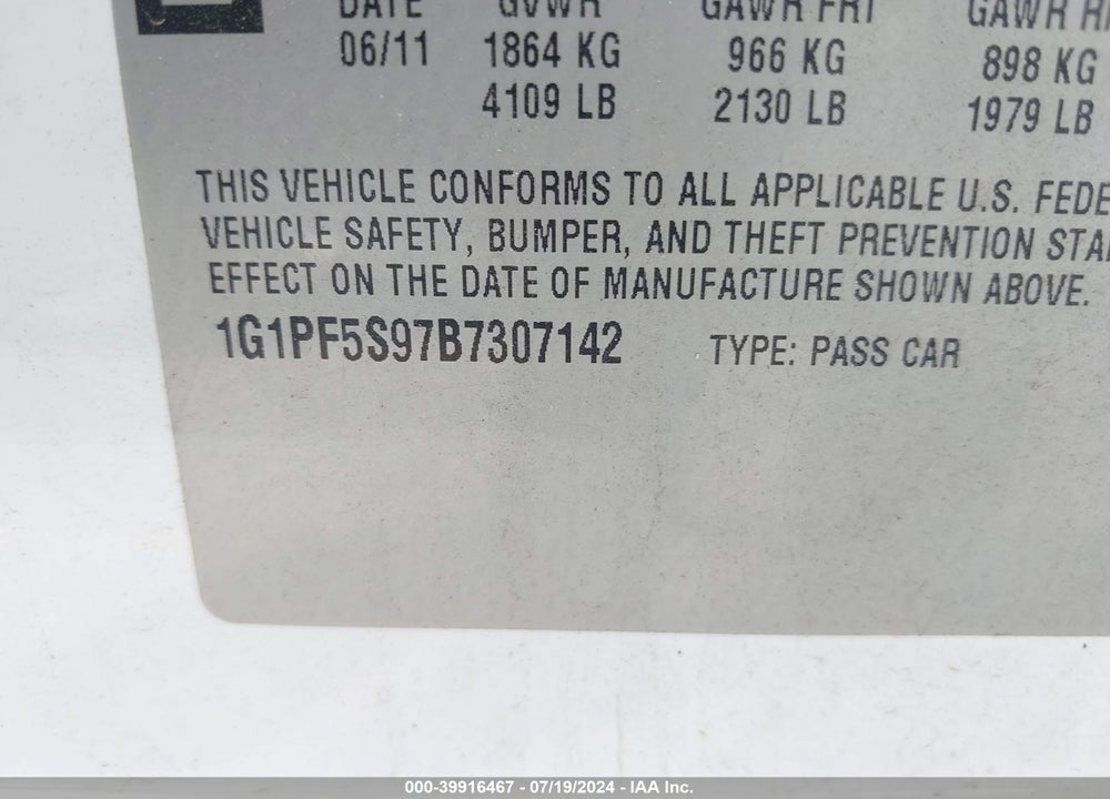 2011 CHEVROLET CRUZE 1LT VIN: 1G1PF5S97B7307142