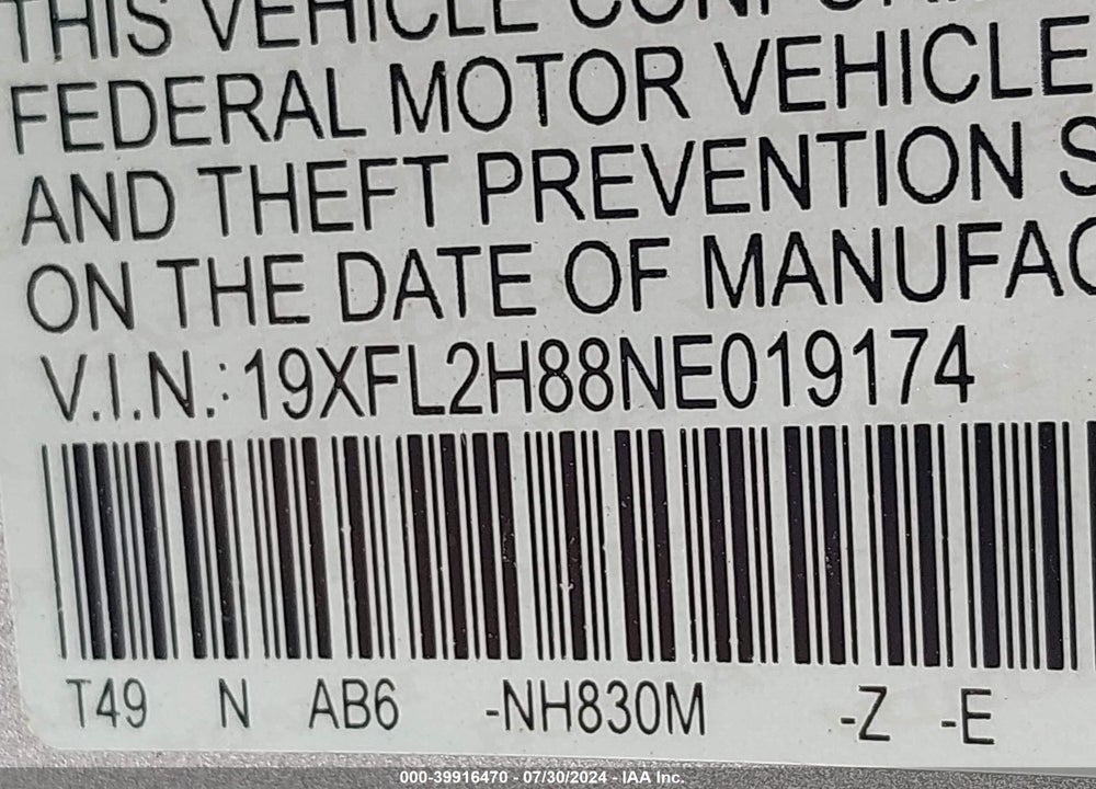 2022 HONDA CIVIC SPORT VIN: 19XFL2H88NE019174
