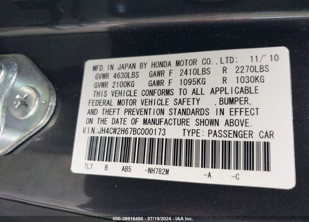 2011 ACURA TSX 2.4 VIN: JH4CW2H67BC000173