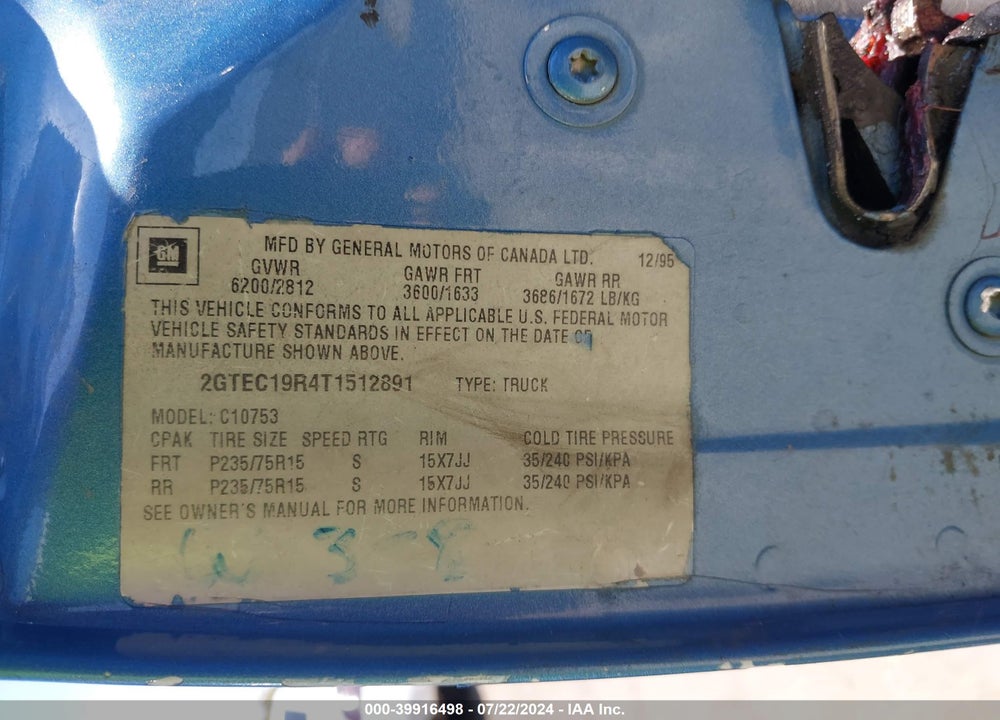 1996 GMC SIERRA C1500 VIN: 2GTEC19R4T1512891