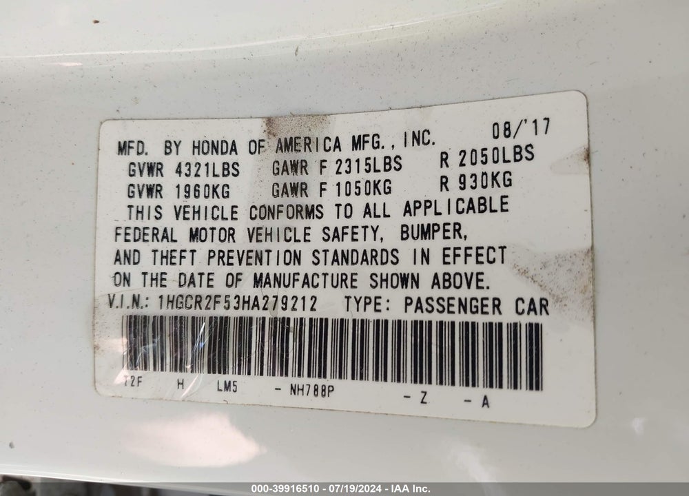2017 HONDA ACCORD SPORT VIN: 1HGCR2F53HA279212
