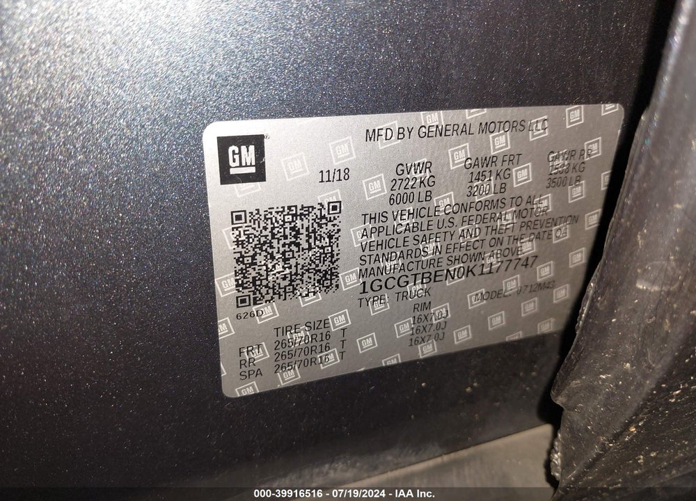 2019 CHEVROLET COLORADO WT VIN: 1GCGTBEN0K1177747