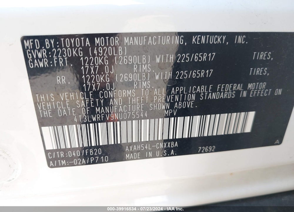 2022 TOYOTA RAV4 HYBRID LE VIN: 4T3LWRFV9NU075544