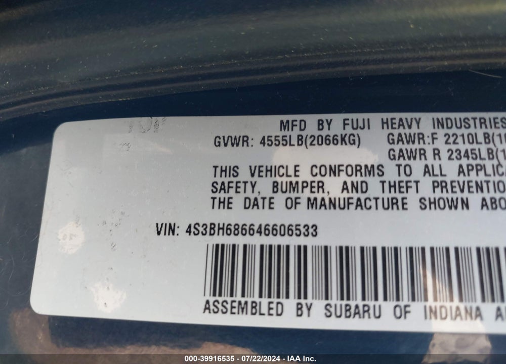 2004 SUBARU OUTBACK LIMITED VIN: 4S3BH686646606533