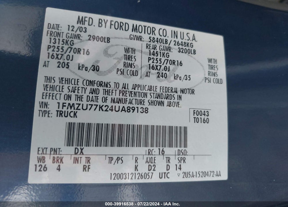 2004 FORD EXPLORER SPORT TRAC ADRENALIN/XLS/XLT VIN: 1FMZU77K24UA89138