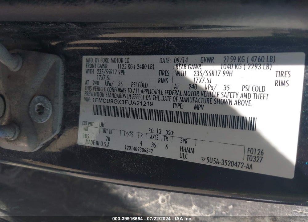 2015 FORD ESCAPE SE VIN: 1FMCU9GX3FUA21219
