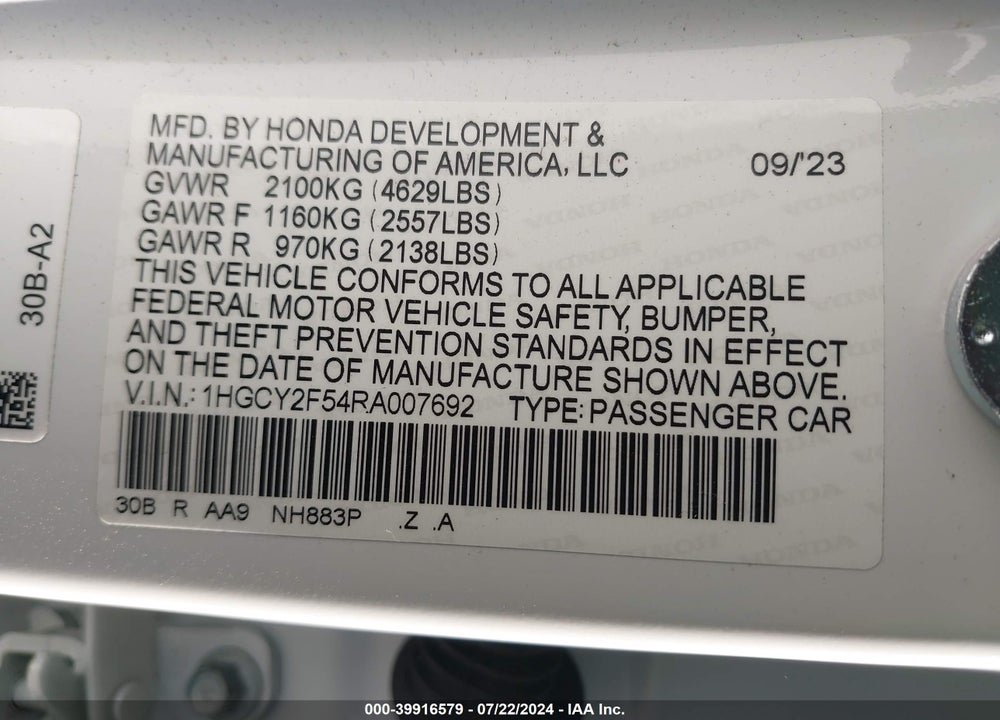 2024 HONDA ACCORD HYBRID SPORT VIN: 1HGCY2F54RA007692