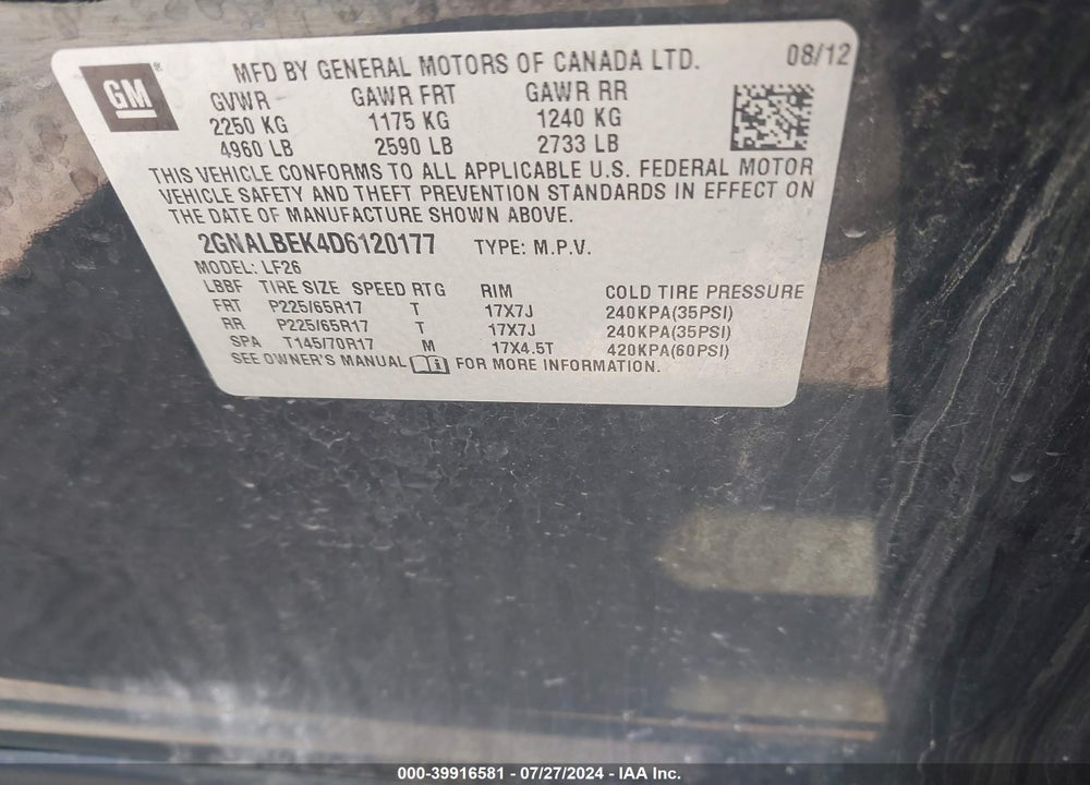 2013 CHEVROLET EQUINOX LS VIN: 2GNALBEK4D6120177