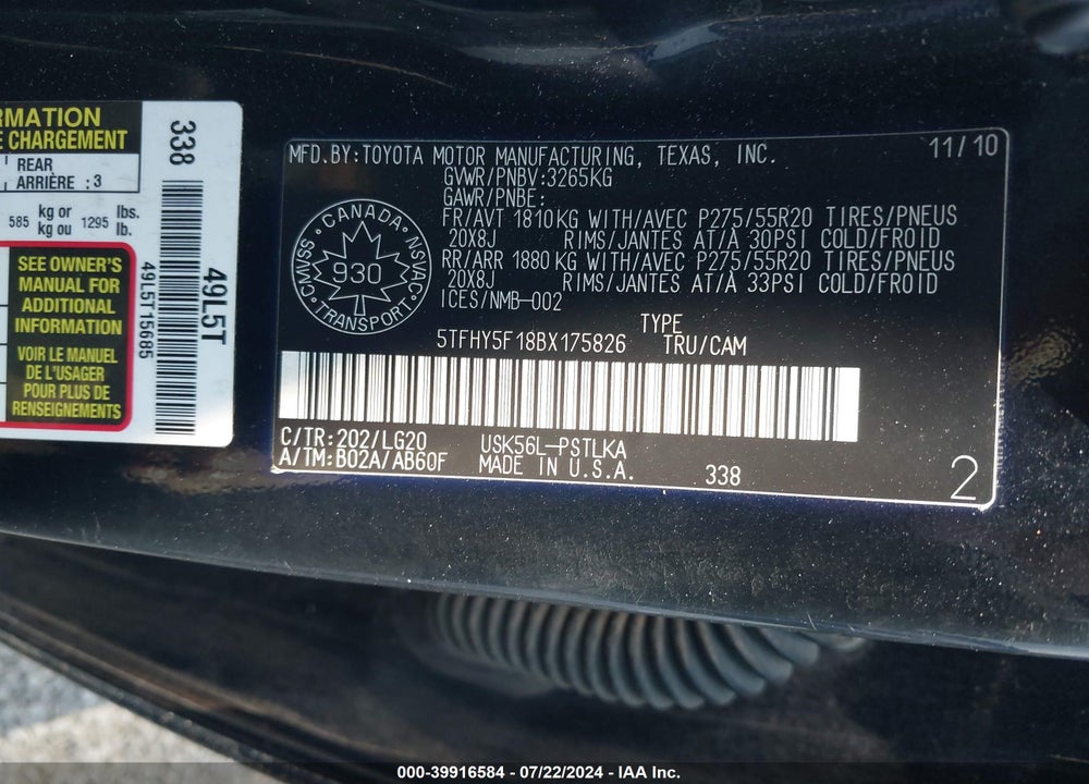 2011 TOYOTA TUNDRA LIMITED 5.7L V8 VIN: 5TFHY5F18BX175826