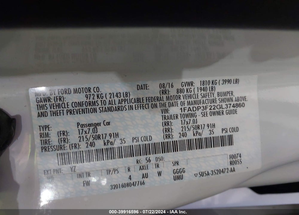 2016 FORD FOCUS SE VIN: 1FADP3F22GL374860