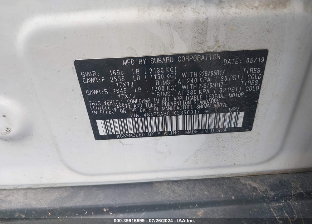 2019 SUBARU OUTBACK 2.5I VIN: 4S4BSABC1K3356017