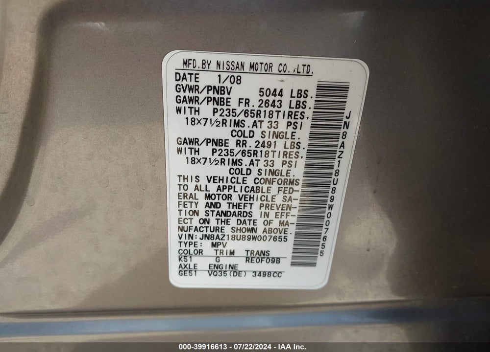 2009 NISSAN MURANO SL VIN: JN8AZ18U89W007655