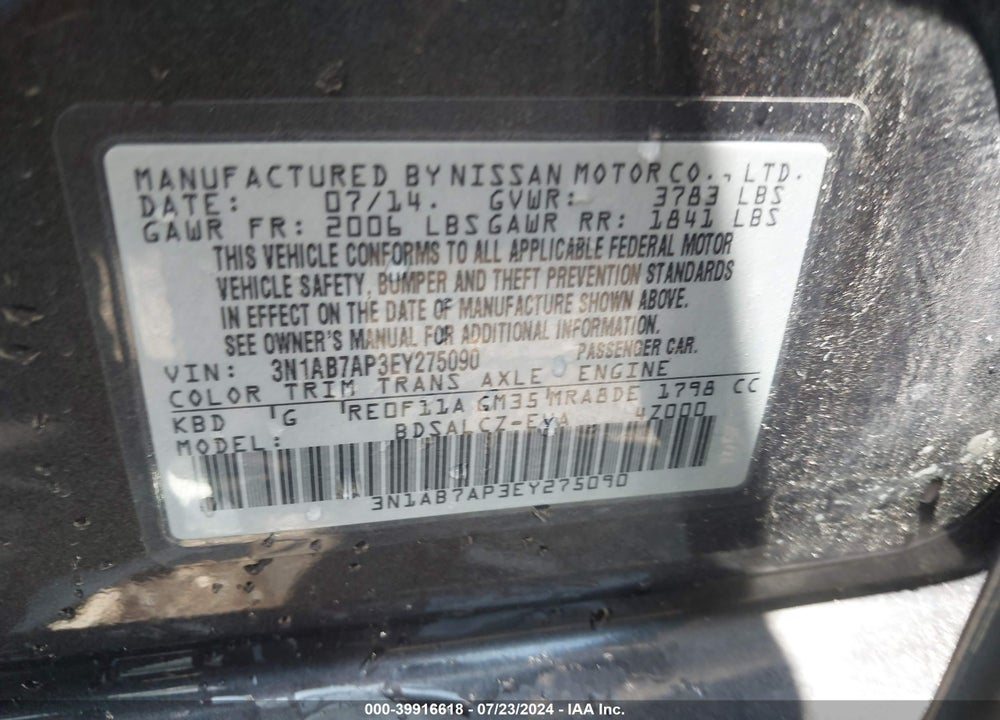 2014 NISSAN SENTRA S VIN: 3N1AB7AP3EY275090