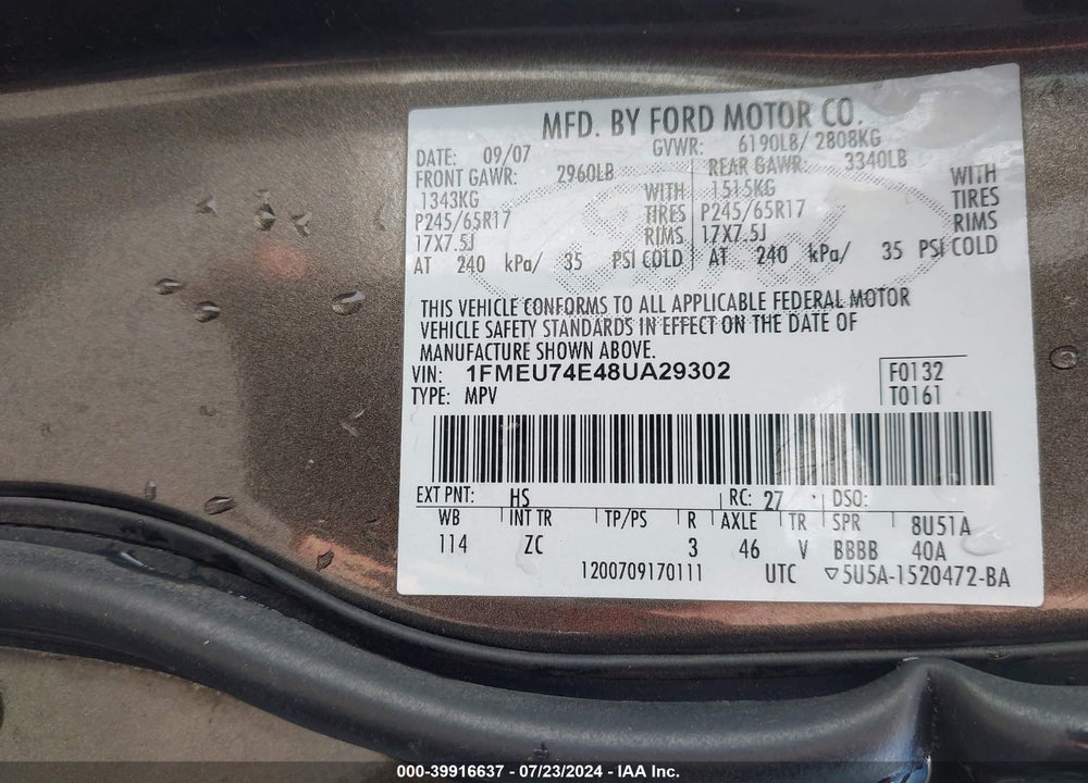 2008 FORD EXPLORER EDDIE BAUER VIN: 1FMEU74E48UA29302