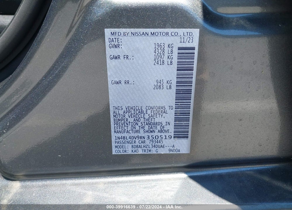 2024 NISSAN ALTIMA SV FWD VIN: 1N4BL4DV9RN350519