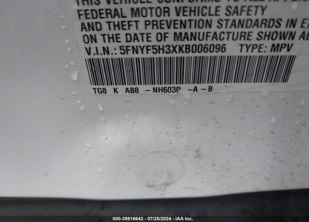 2019 HONDA PILOT EX VIN: 5FNYF5H3XKB006096
