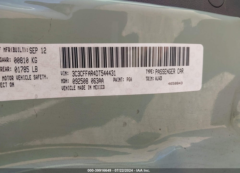 2013 FIAT 500 VIN: 3C3CFFAR4DT544431
