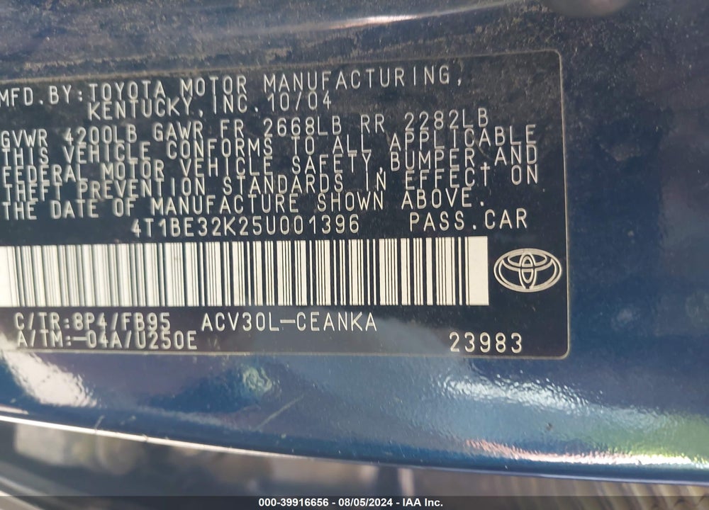 2005 TOYOTA CAMRY LE VIN: 4T1BE32K25U001396