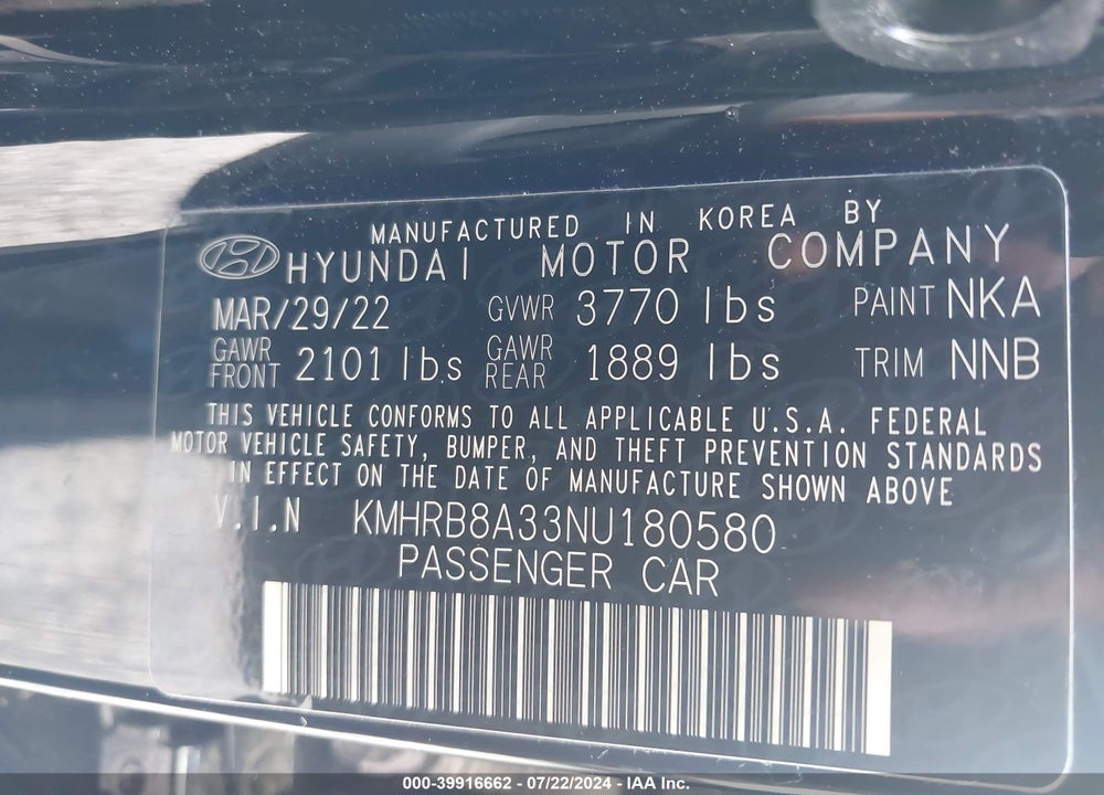 2022 HYUNDAI VENUE SE VIN: KMHRB8A33NU180580
