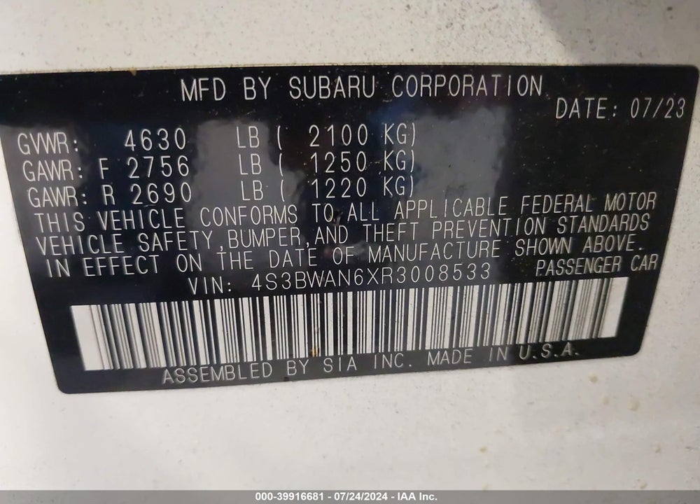2024 SUBARU LEGACY LIMITED VIN: 4S3BWAN6XR3008533