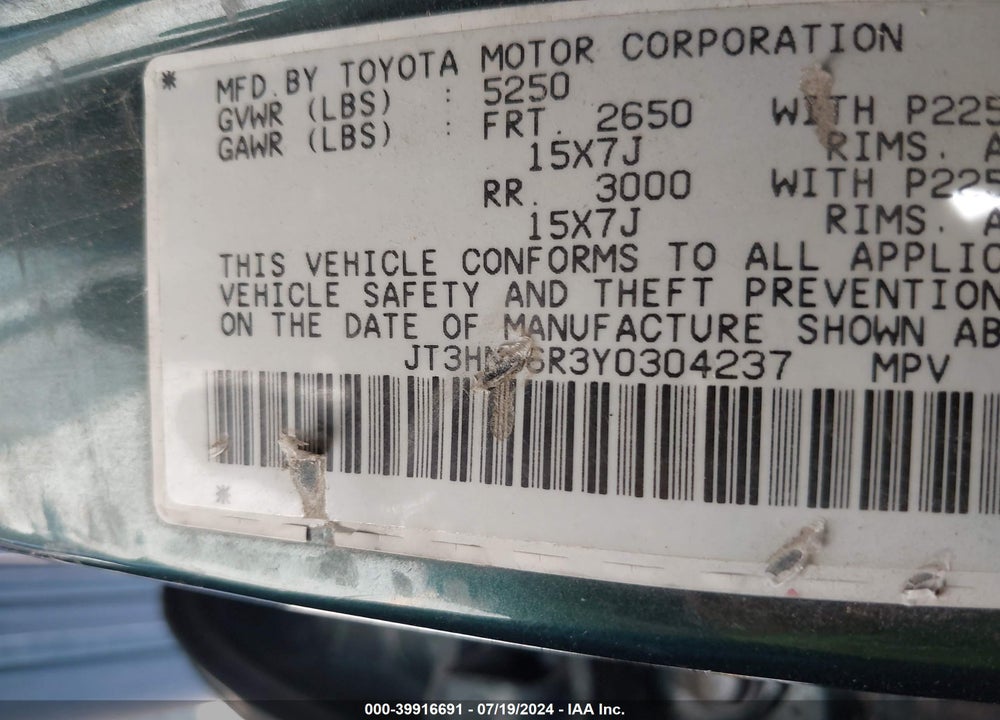 2000 TOYOTA 4RUNNER SR5 V6 VIN: JT3HN86R3Y0304237