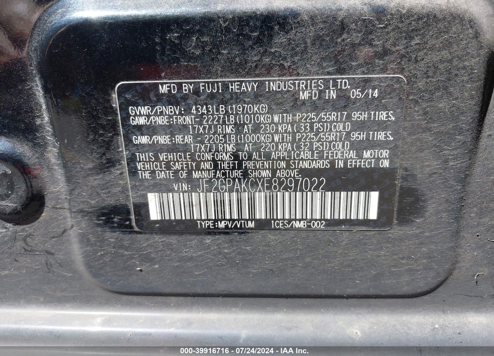 2014 SUBARU XV CROSSTREK 2.0I LIMITED VIN: JF2GPAKCXE8297022