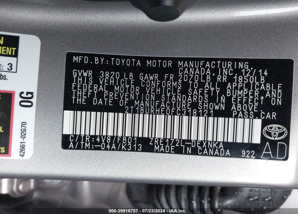 2015 TOYOTA COROLLA LE VIN: 2T1BURHE0FC318121