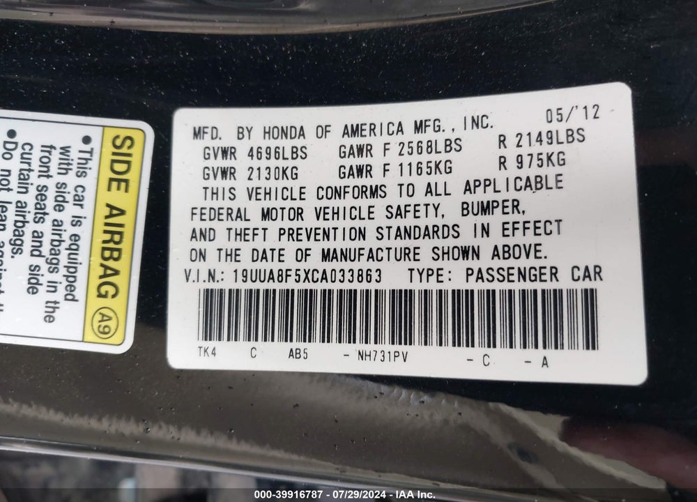 2012 ACURA TL 3.5 VIN: 19UUA8F5XCA033863