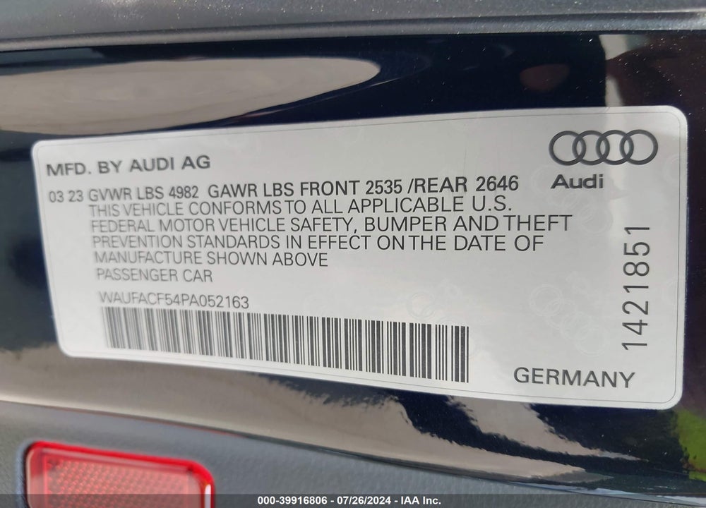 2023 AUDI A5 SPORTBACK PREMIUM PLUS 45 TFSI S LINE QUATTRO S TRONIC VIN: WAUFACF54PA052163